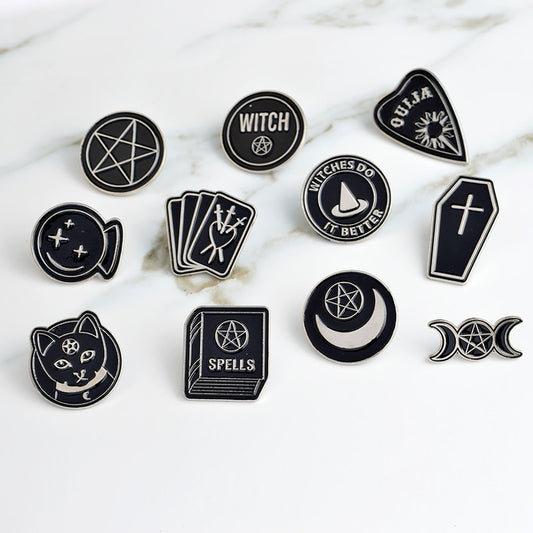 Punk Trendy WITCH kitty enamel pin triple moon pentacle brooch circular WITCH DO IT BETTER badge tarot card cross coffin jewelry