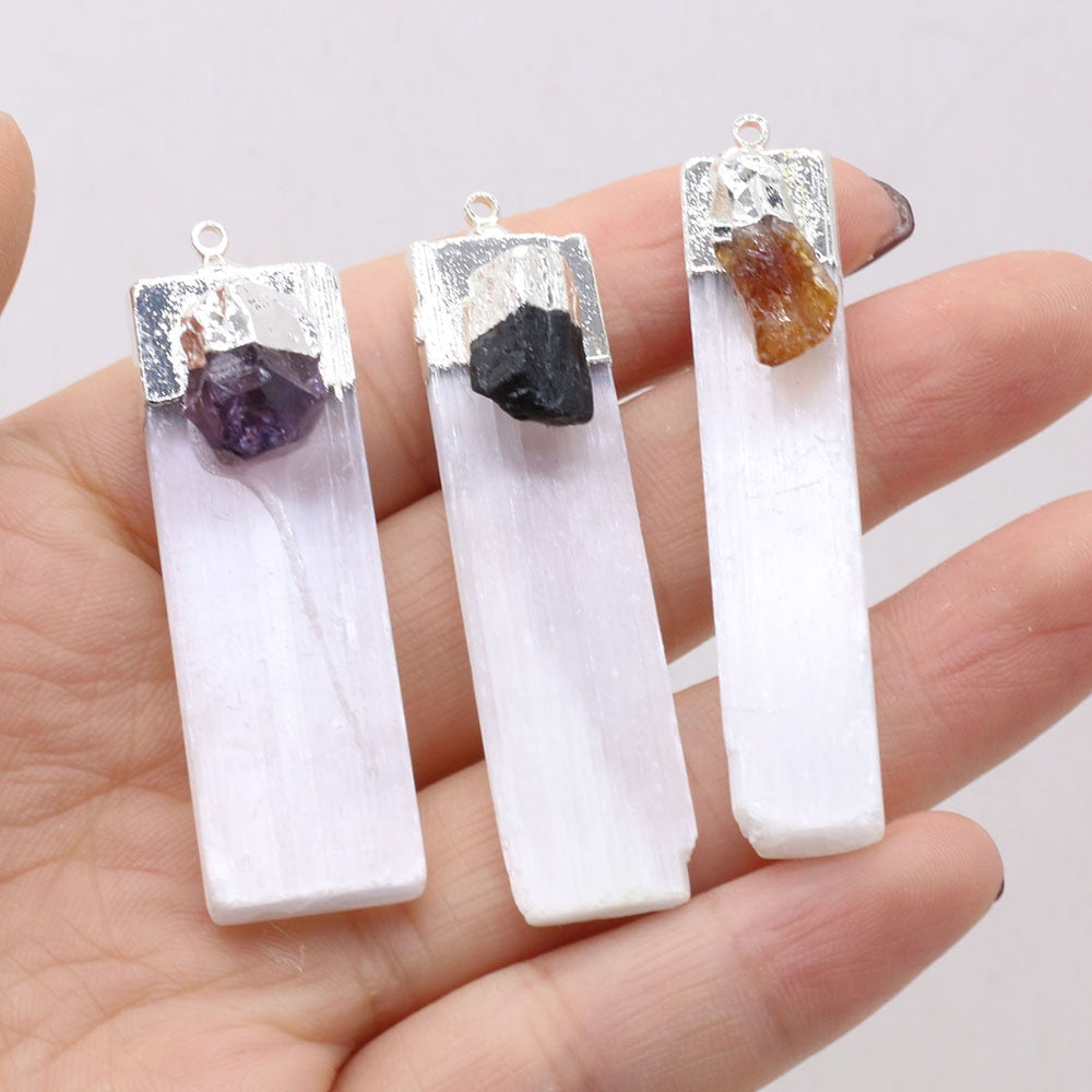 Natural Selenite Plaster Pendant Black Tourmaline Rock Mineral Reiki Healing Energy Stone Amethyst Charms DIY Necklace Making