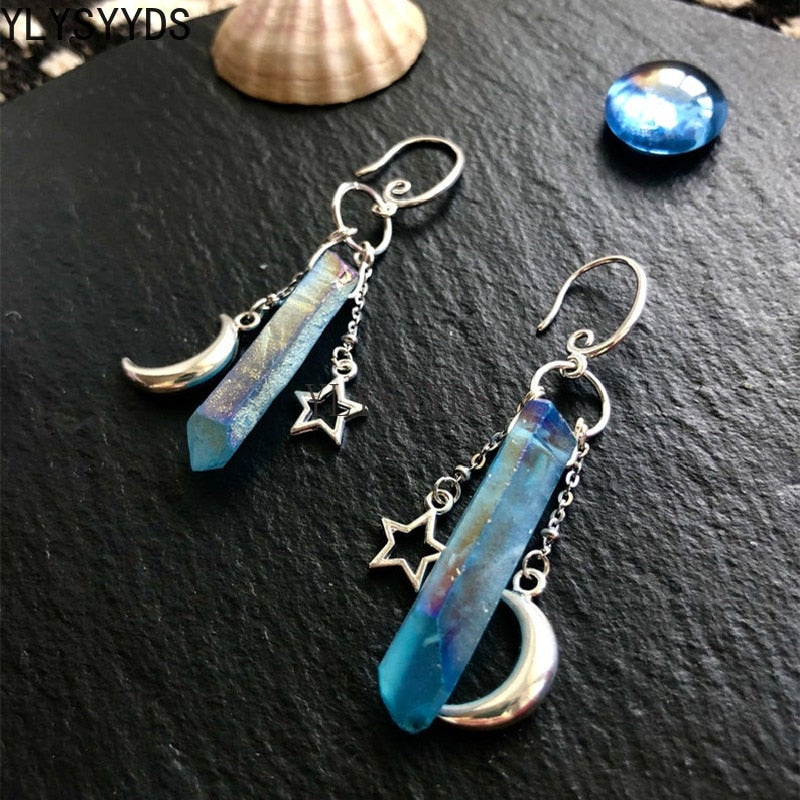 Witch Raw Crystal with Moon and Stars Earrings