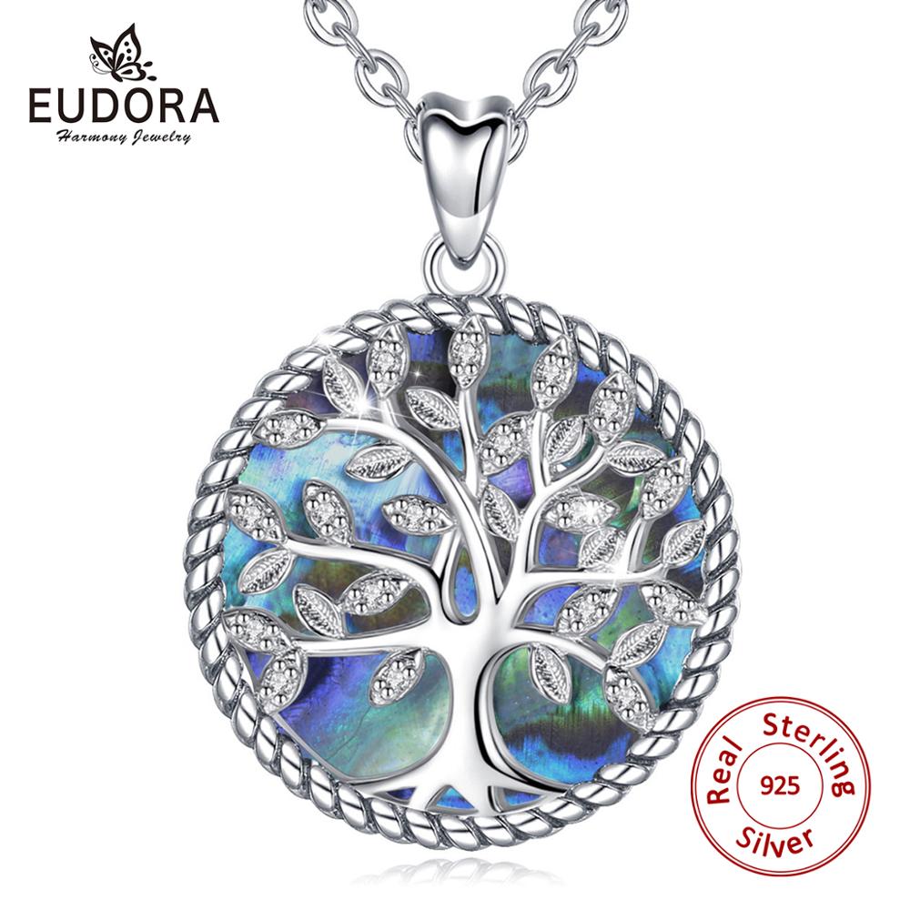 Sterling Silver Tree Of Life Pendant Crystal Leaf Blue Mother of Pearl Necklace