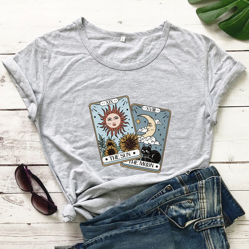 the sun the moon tarot card Colored T-shirt retro women short sleeve graphic witch nature tee shirt top