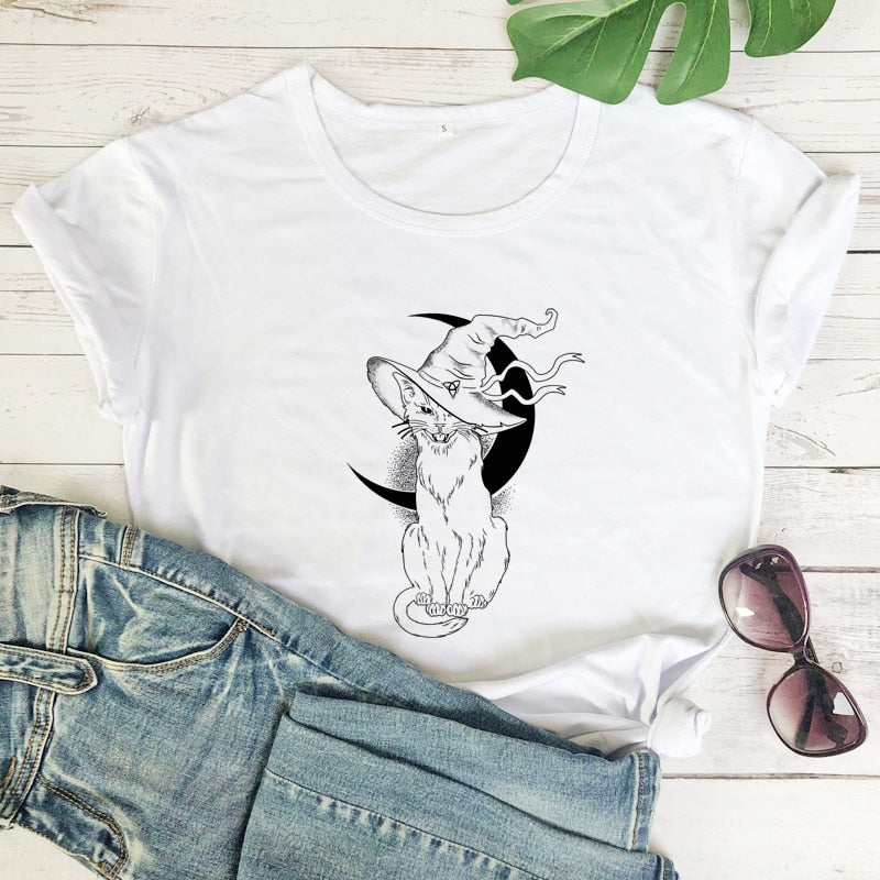 Celestial Moon Cat Witch T-shirt