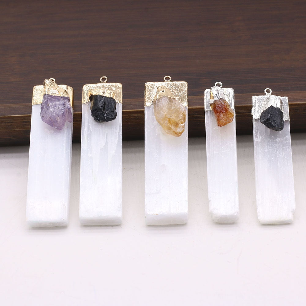 Natural Selenite Plaster Pendant Black Tourmaline Rock Mineral Reiki Healing Energy Stone Amethyst Charms DIY Necklace Making