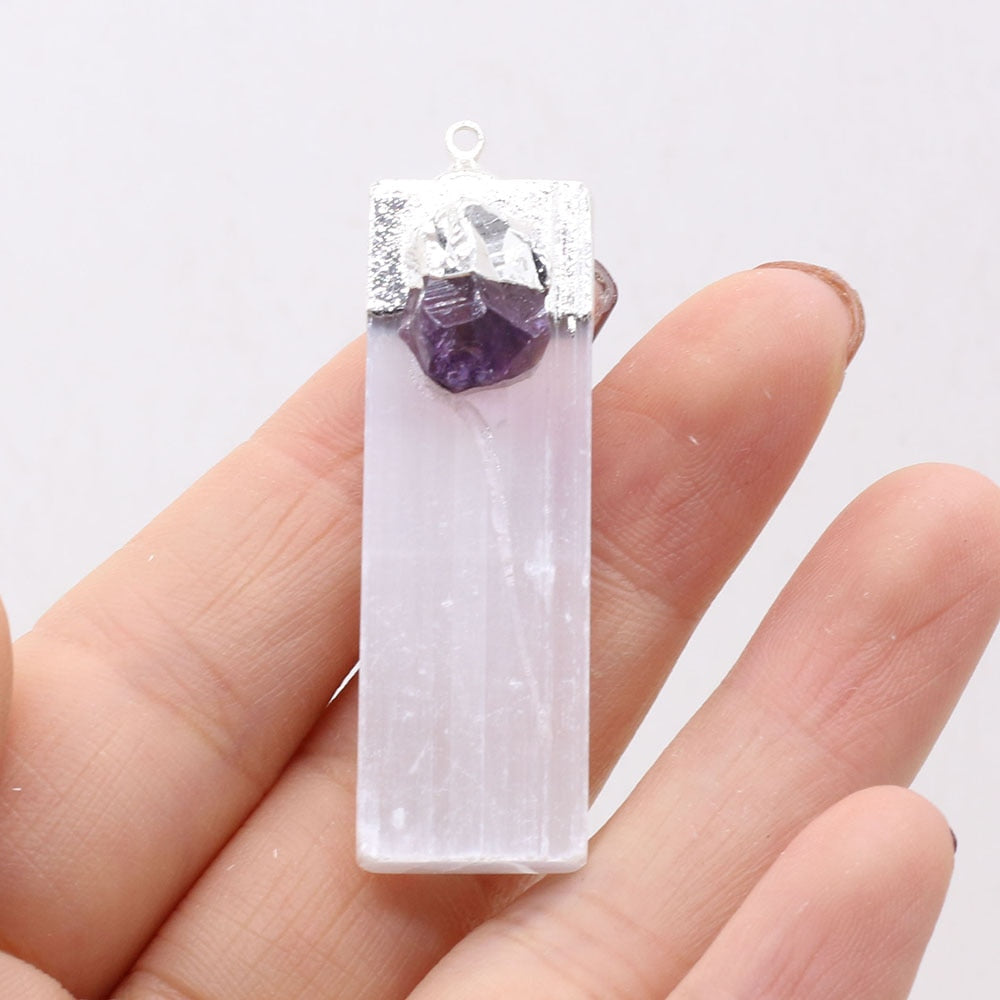 Natural Selenite Plaster Pendant Black Tourmaline Rock Mineral Reiki Healing Energy Stone Amethyst Charms DIY Necklace Making