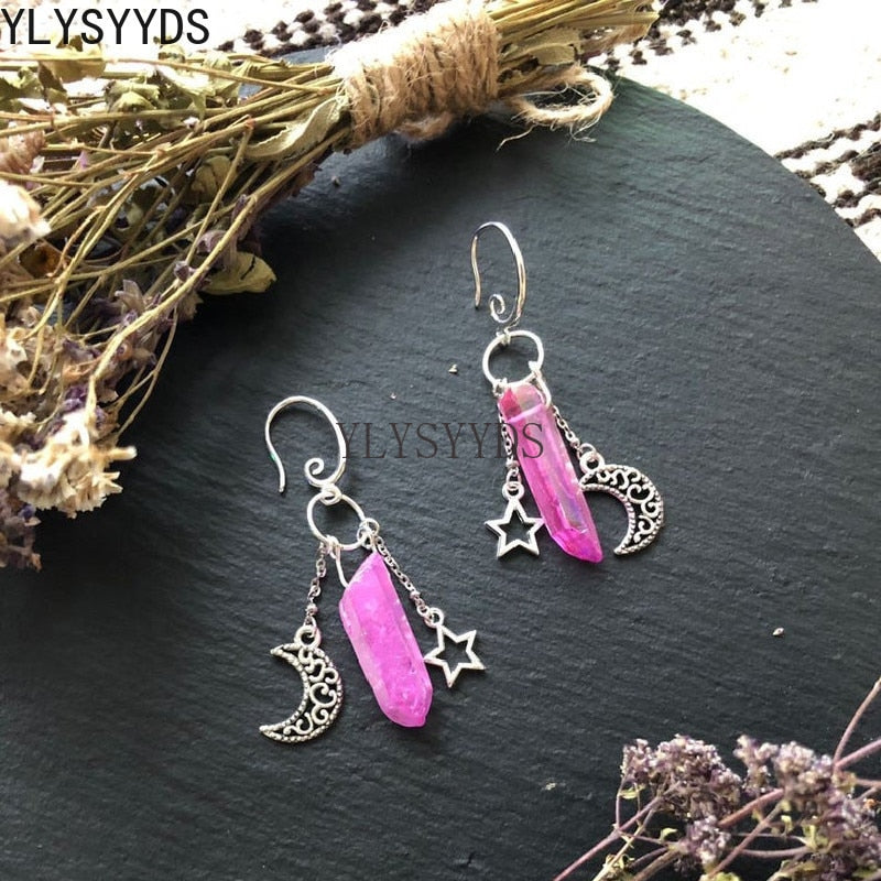 Witch Raw Crystal with Moon and Stars Earrings