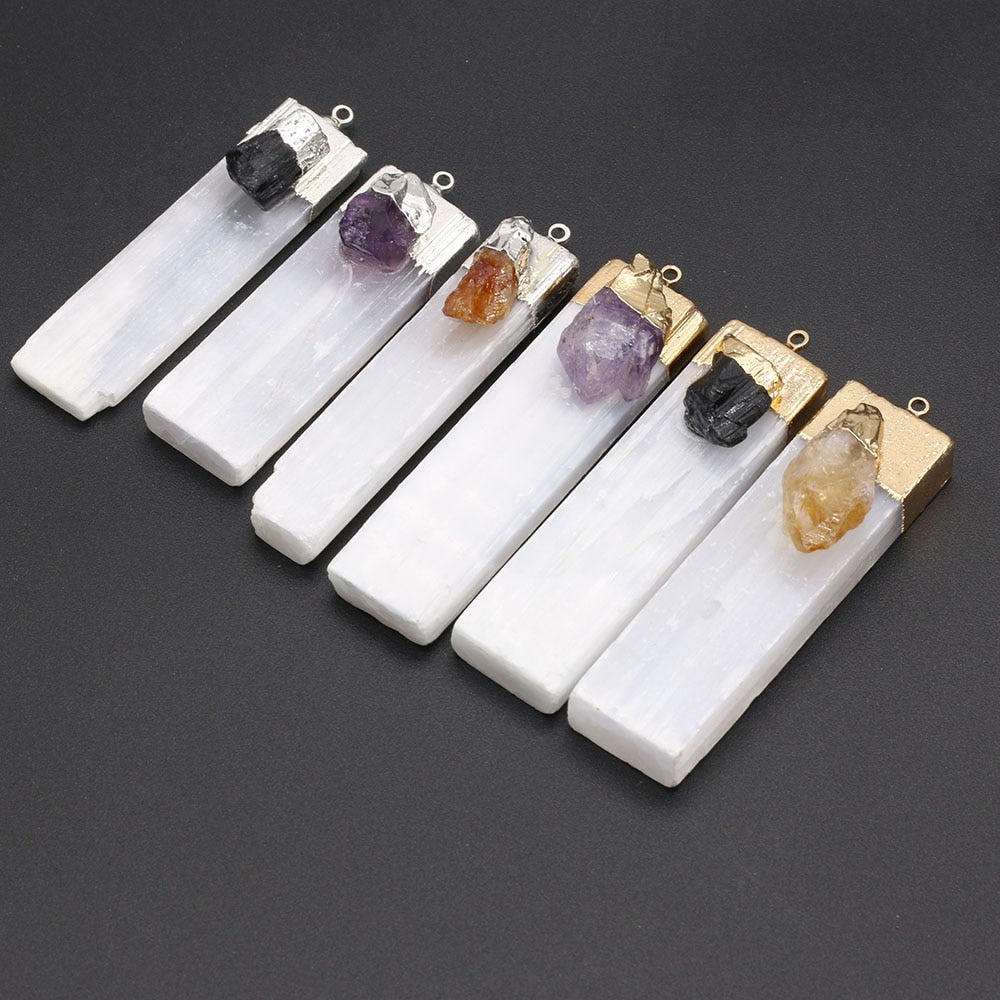 Natural Selenite Plaster Pendant Black Tourmaline Rock Mineral Reiki Healing Energy Stone Amethyst Charms DIY Necklace Making