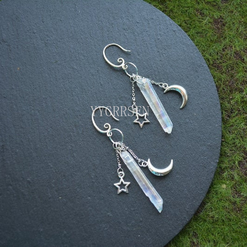 Witch Raw Crystal with Moon and Stars Earrings