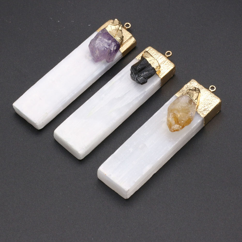 Natural Selenite Plaster Pendant Black Tourmaline Rock Mineral Reiki Healing Energy Stone Amethyst Charms DIY Necklace Making