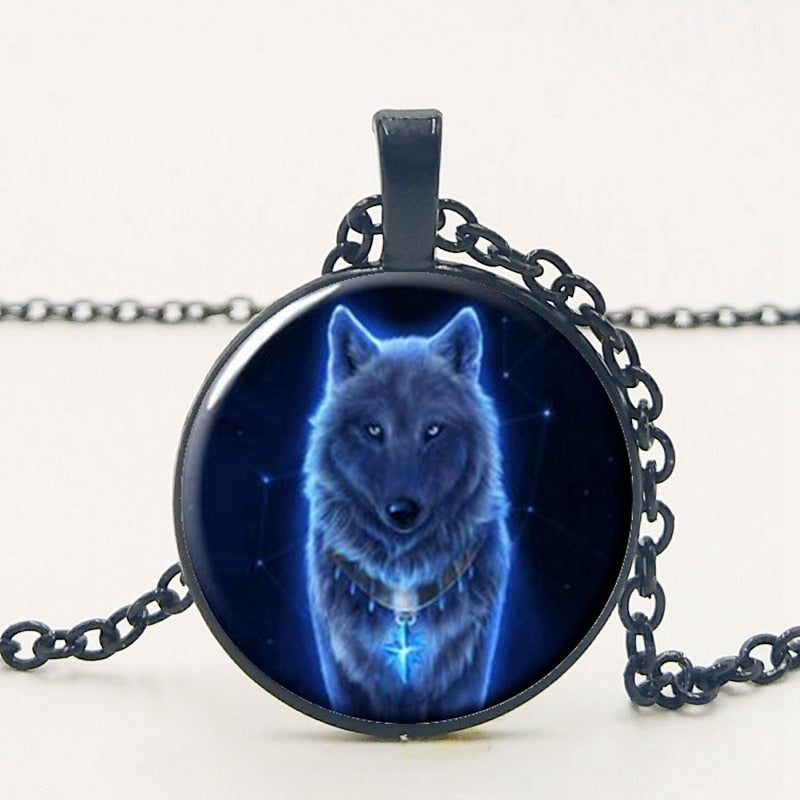 Glass Wolf Cabochon Dark Necklace