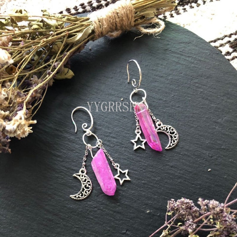 Witch Raw Crystal with Moon and Stars Earrings