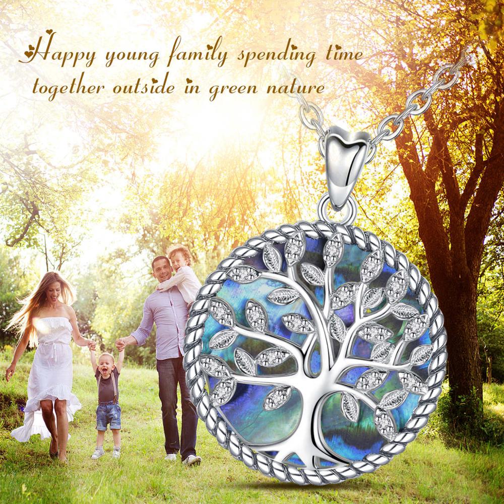 Sterling Silver Tree Of Life Pendant Crystal Leaf Blue Mother of Pearl Necklace