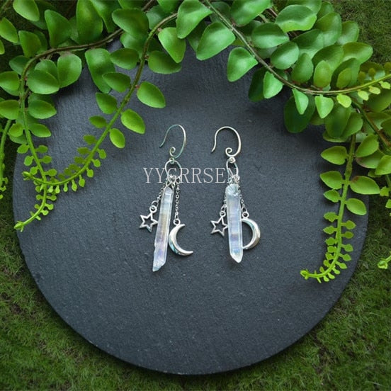 Witch Raw Crystal with Moon and Stars Earrings