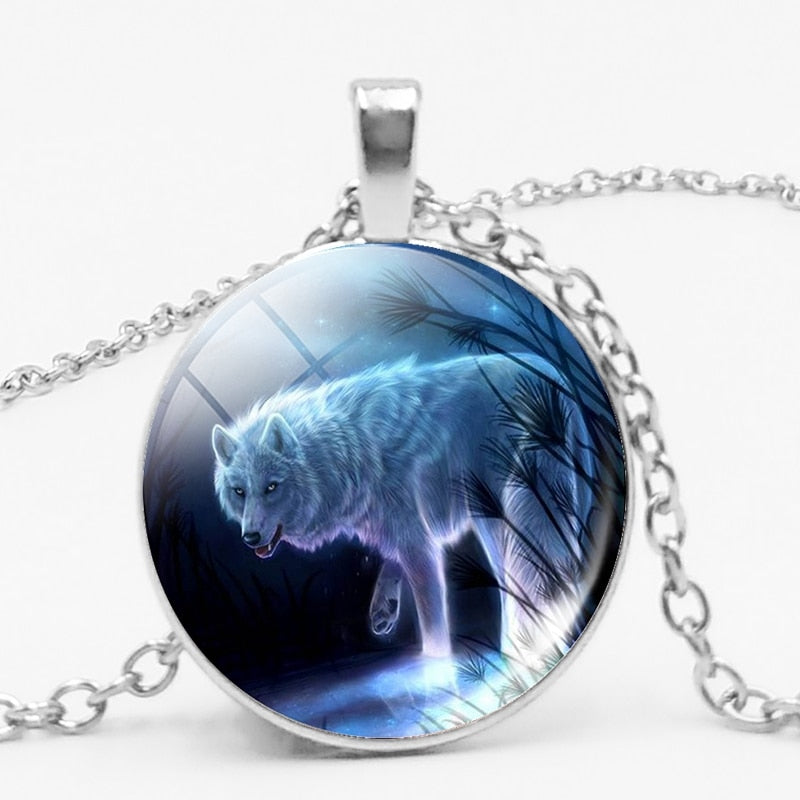 Glass Wolf Cabochon Dark Necklace