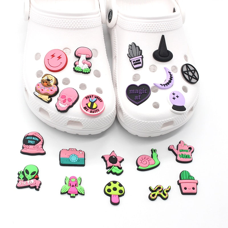 New 1pcs Pink Witch Series PVC Shoe Charms Funny DIY garden Shoe Aceessories Fit croc clogs Buckle decorations kids Gifts jibz