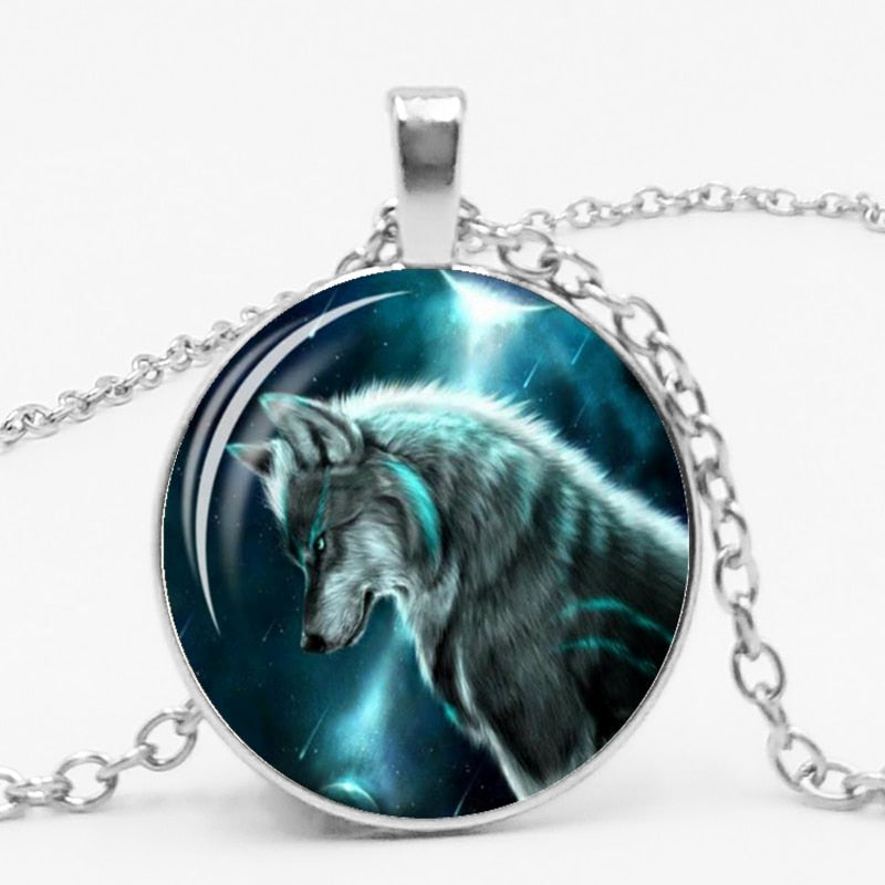 Glass Wolf Cabochon Dark Necklace