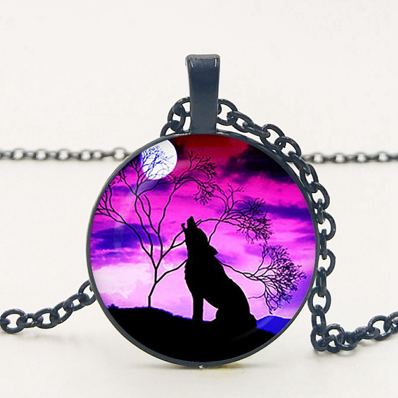 Glass Wolf Cabochon Dark Necklace