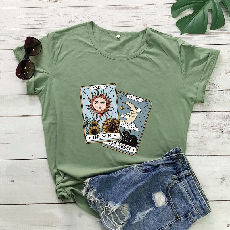 the sun the moon tarot card Colored T-shirt retro women short sleeve graphic witch nature tee shirt top