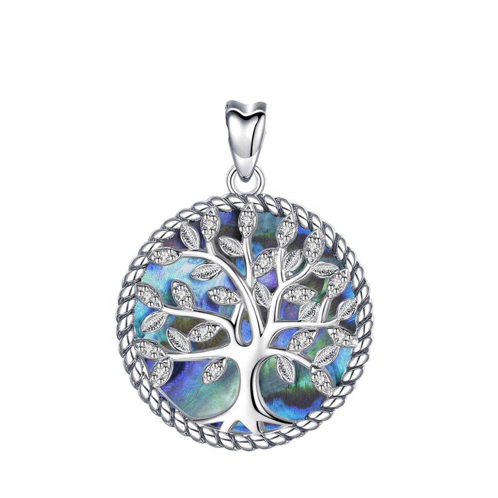 Sterling Silver Tree Of Life Pendant Crystal Leaf Blue Mother of Pearl Necklace