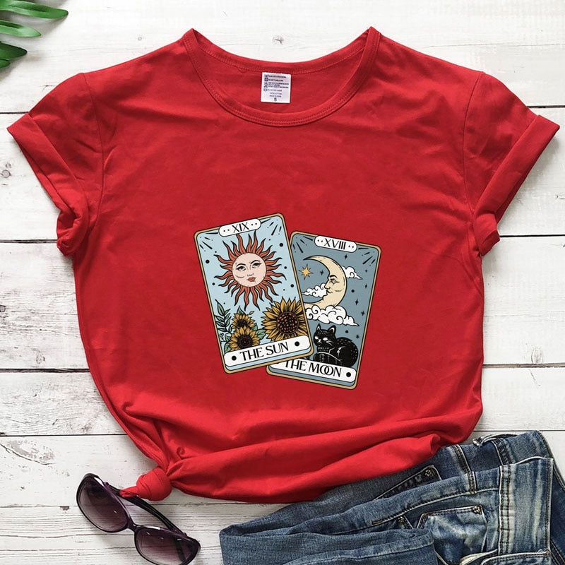 the sun the moon tarot card Colored T-shirt retro women short sleeve graphic witch nature tee shirt top