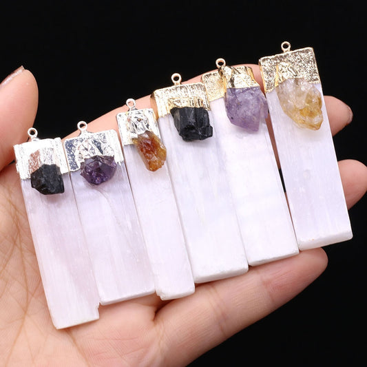 Natural Selenite Plaster Pendant Black Tourmaline Rock Mineral Reiki Healing Energy Stone Amethyst Charms DIY Necklace Making