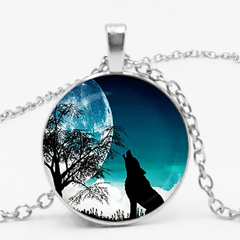 Glass Wolf Cabochon Dark Necklace