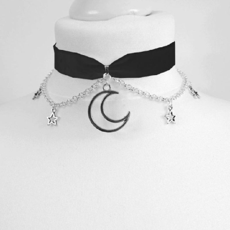 Goth Dainty Chain Crescent Moon and Stars Chokers