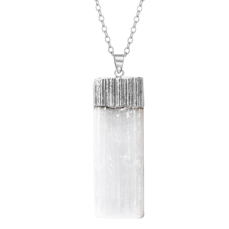 Natural White Selenite Healing Crystal for Women Men Gold Silver Plated Rough Gypsum Stone Pendant Necklace