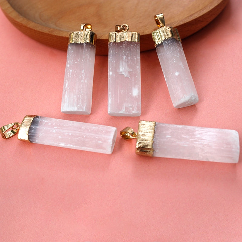 Natural White Selenite Healing Crystal for Women Men Gold Silver Plated Rough Gypsum Stone Pendant Necklace