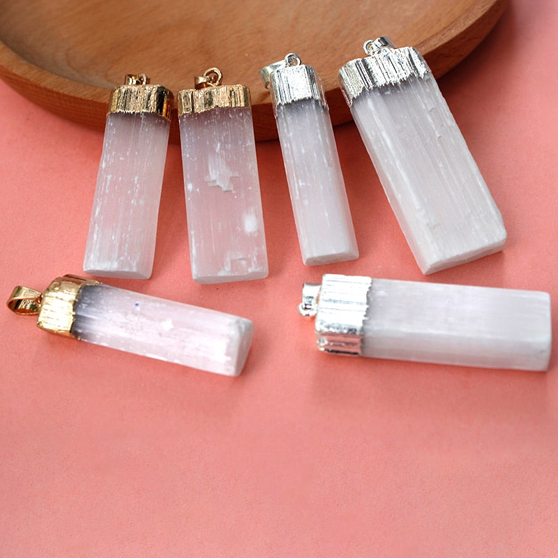 Natural White Selenite Healing Crystal for Women Men Gold Silver Plated Rough Gypsum Stone Pendant Necklace