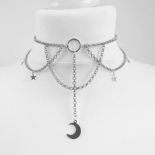 Goth Dainty Chain Crescent Moon and Stars Chokers