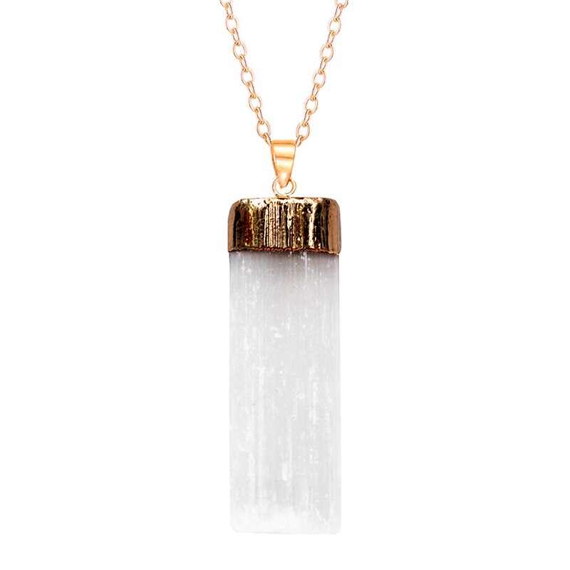 Natural White Selenite Healing Crystal for Women Men Gold Silver Plated Rough Gypsum Stone Pendant Necklace