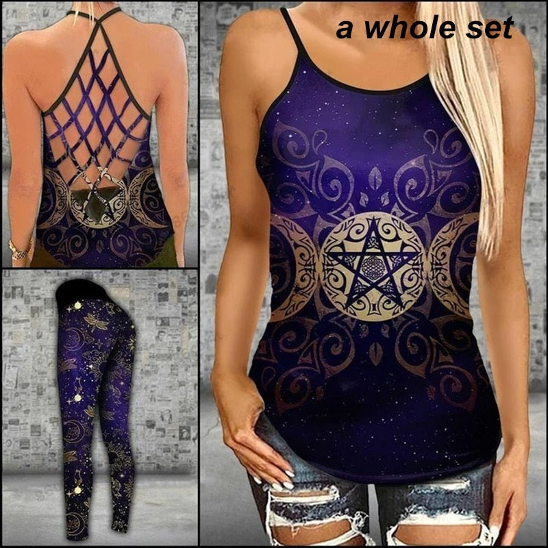 Witch Triple Moon Cross Tank Top & Legging Combo