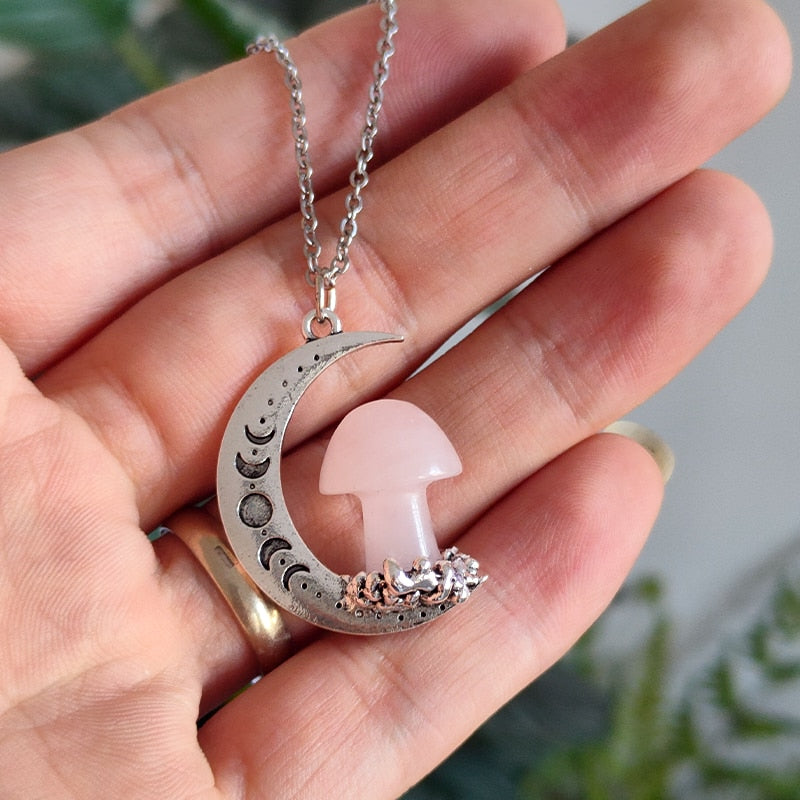 Witch Triple Moon Crystal Mushroom Necklace