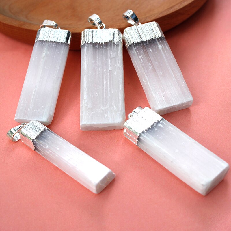 Natural White Selenite Healing Crystal for Women Men Gold Silver Plated Rough Gypsum Stone Pendant Necklace