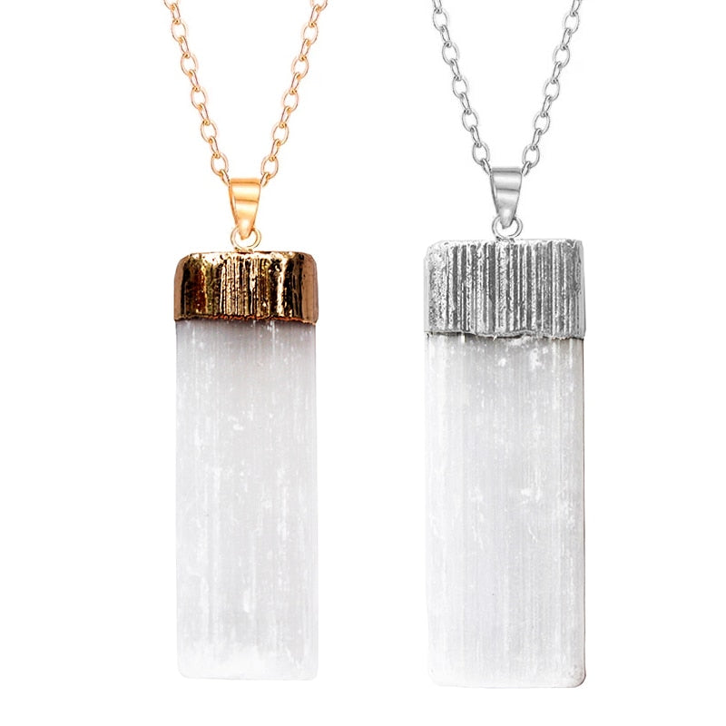 Natural White Selenite Healing Crystal for Women Men Gold Silver Plated Rough Gypsum Stone Pendant Necklace